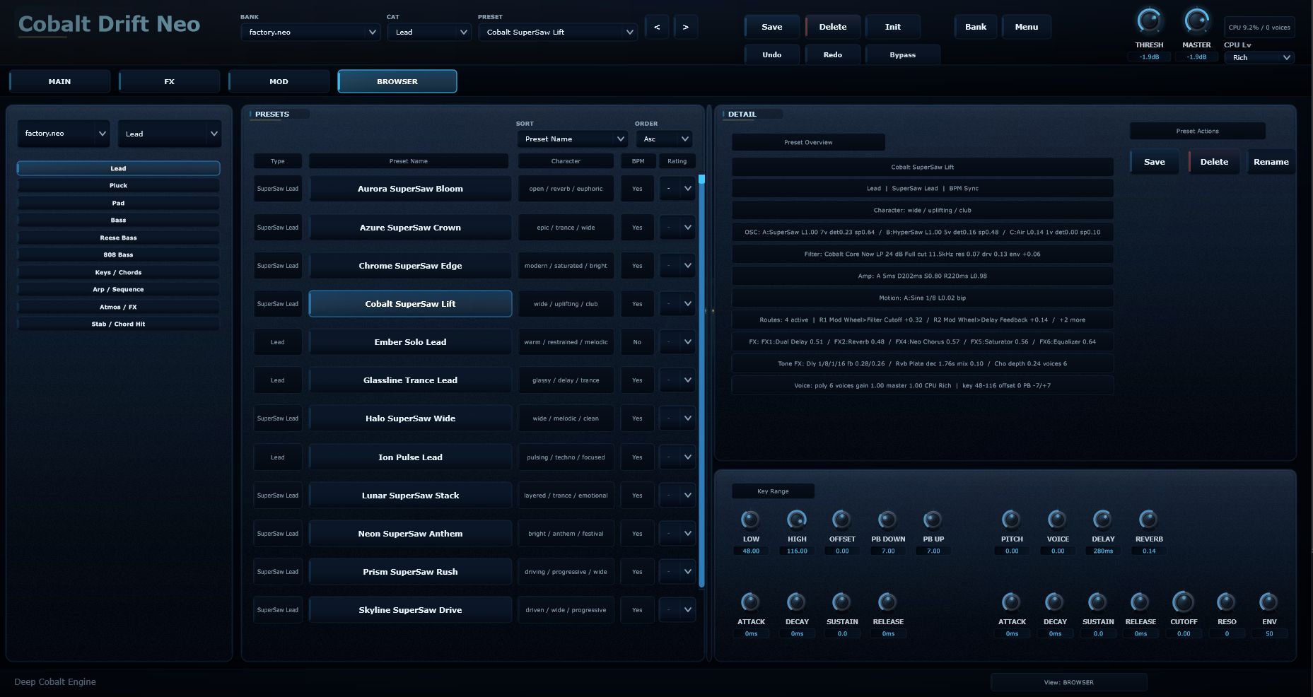 Cobalt Drift Neo preset browser